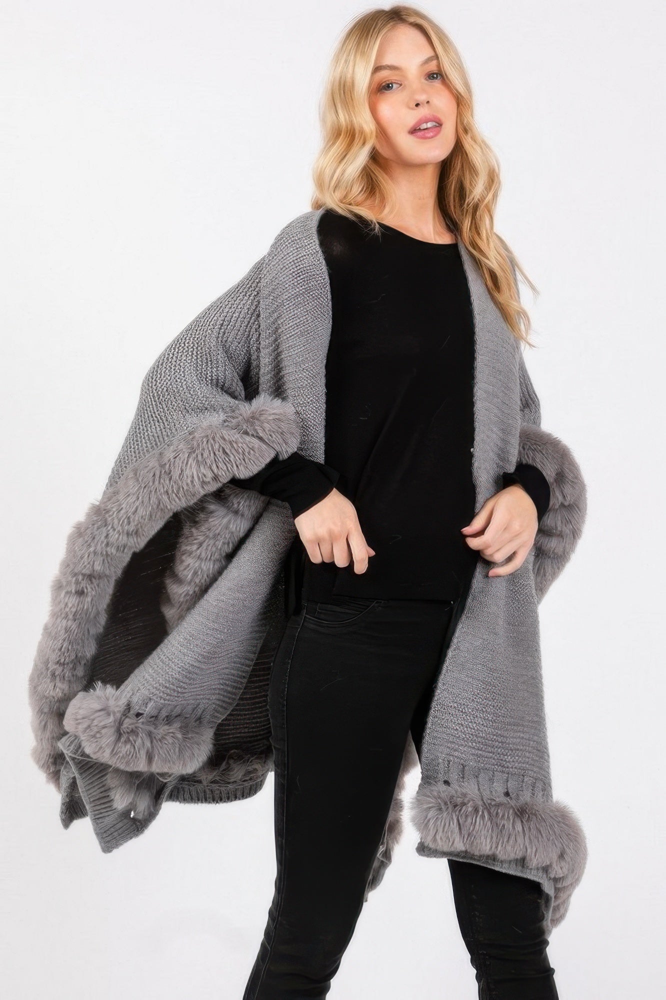Faux Fur Trim Knit Cape -