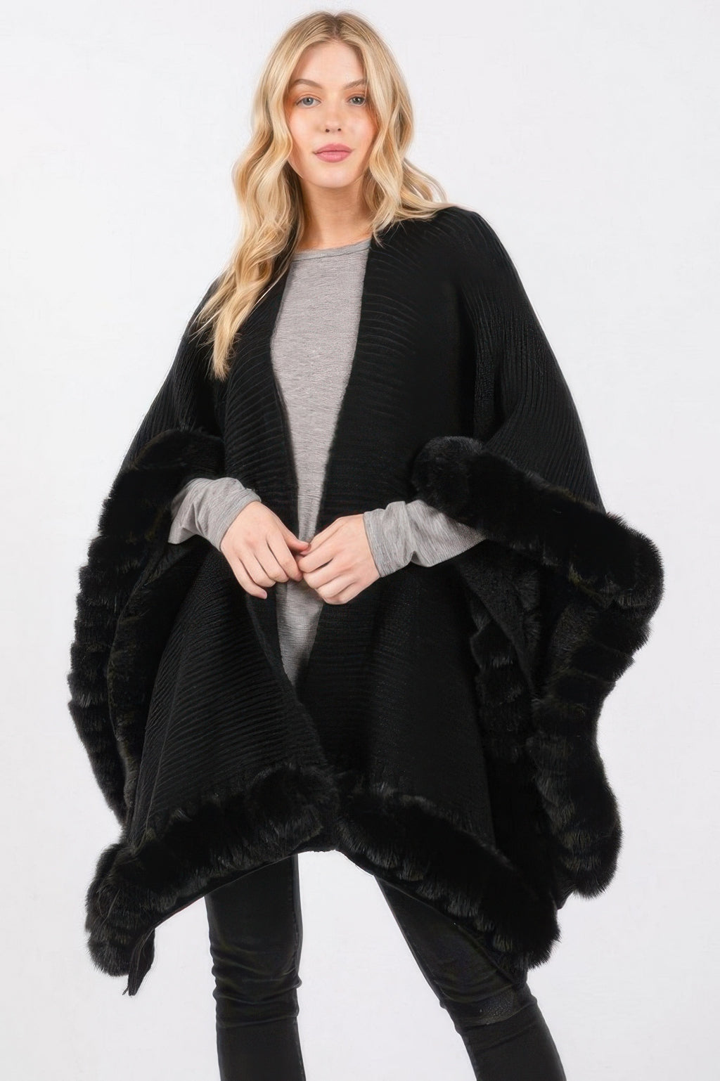 Faux Fur Trim Knit Cape - Black One Size Fits All