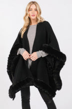 Faux Fur Trim Knit Cape - Black One Size Fits All