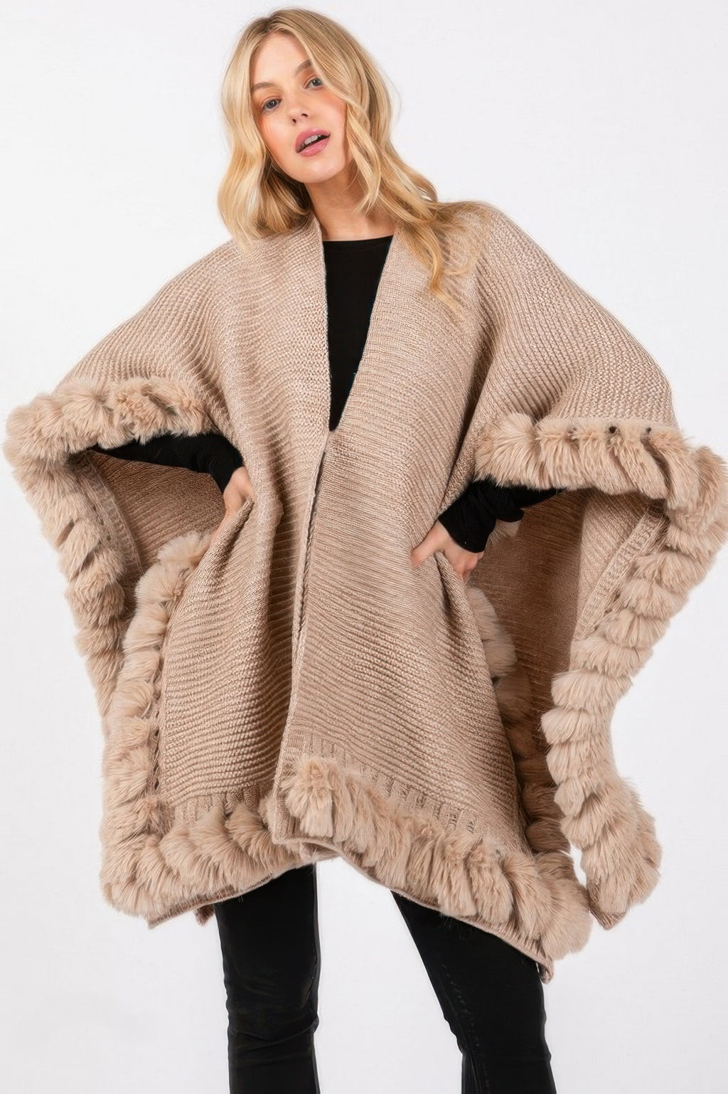 Faux Fur Trim Knit Cape - Taupe One Size Fits All