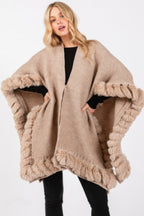 Faux Fur Trim Knit Cape - Taupe One Size Fits All