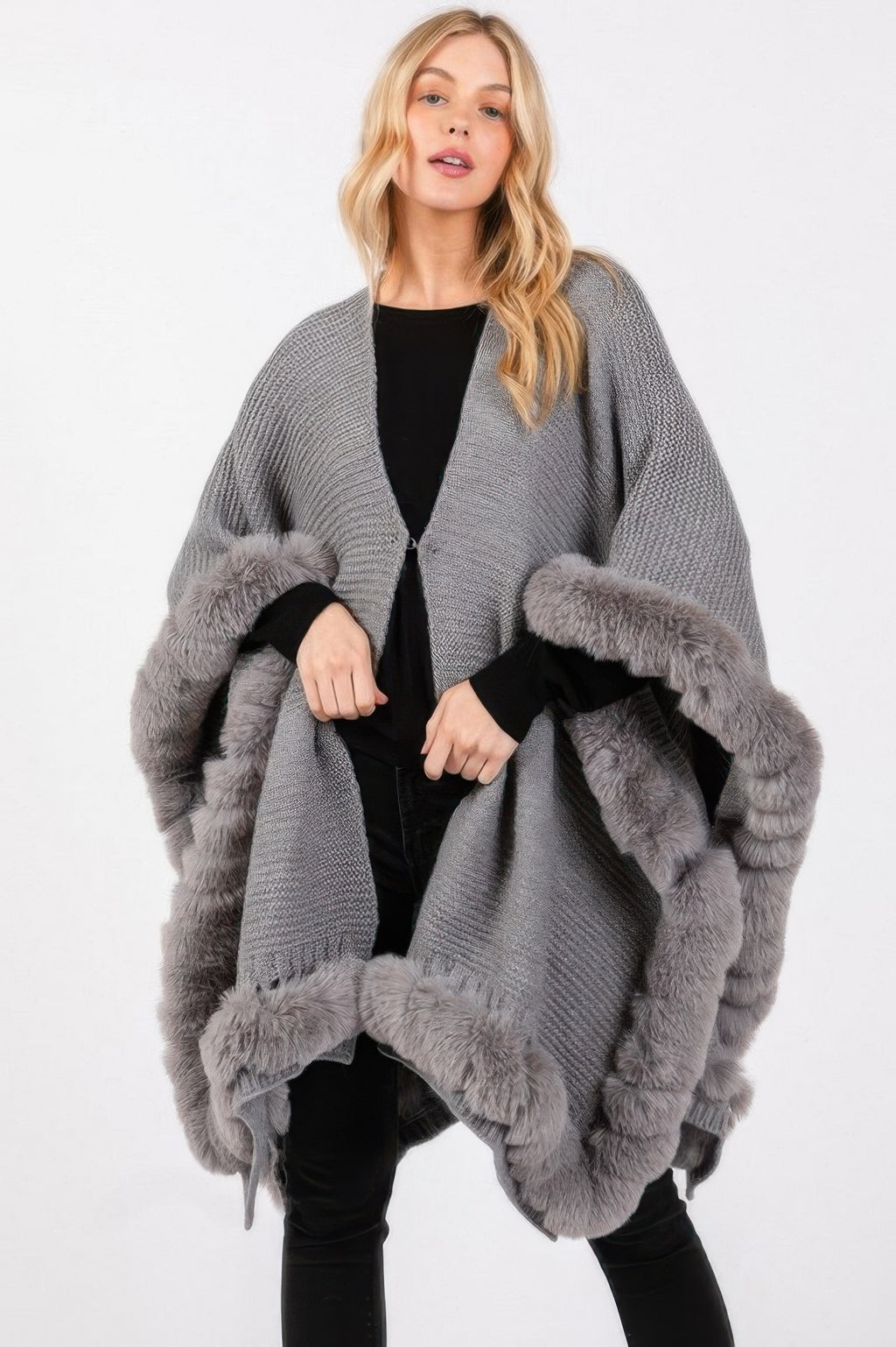 Faux Fur Trim Knit Cape - Gray One Size Fits All