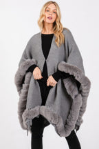 Faux Fur Trim Knit Cape - Gray One Size Fits All