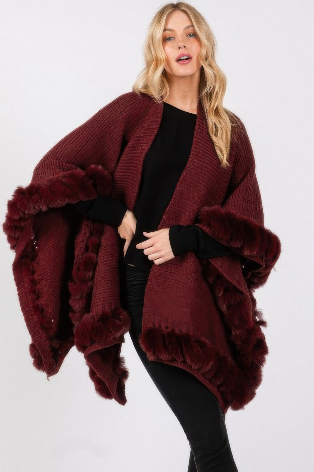 Faux Fur Trim Knit Cape - Burgundy One Size Fits All