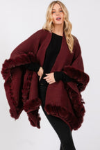 Faux Fur Trim Knit Cape - Burgundy One Size Fits All