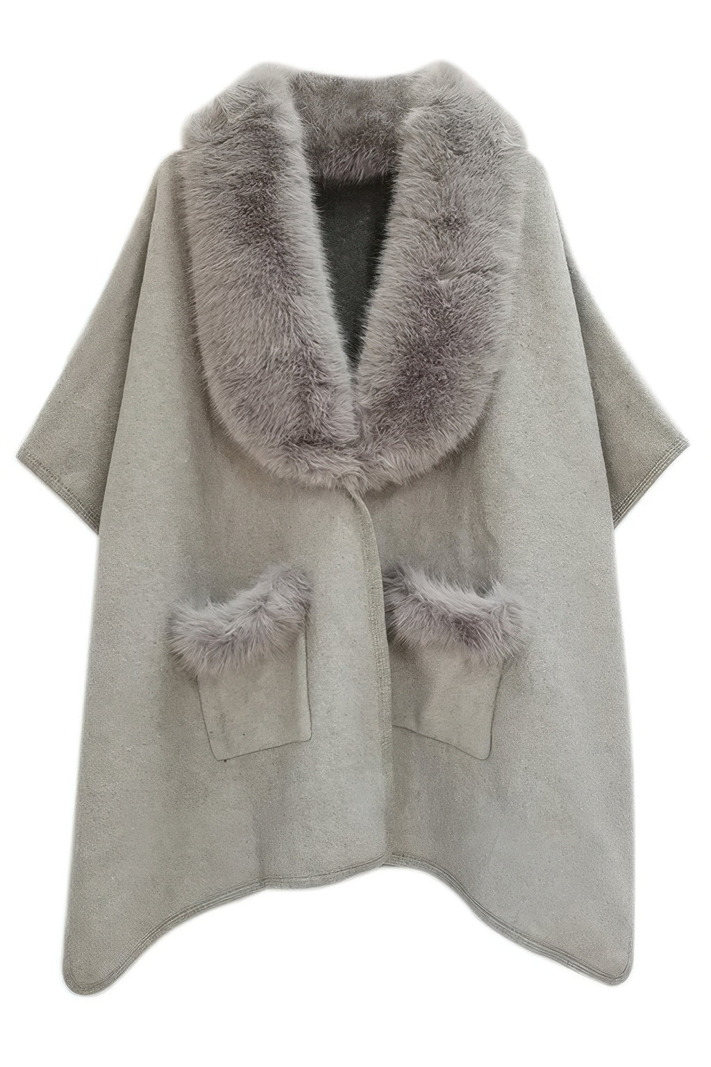 Faux Fur Trimmed Kimono - Gray