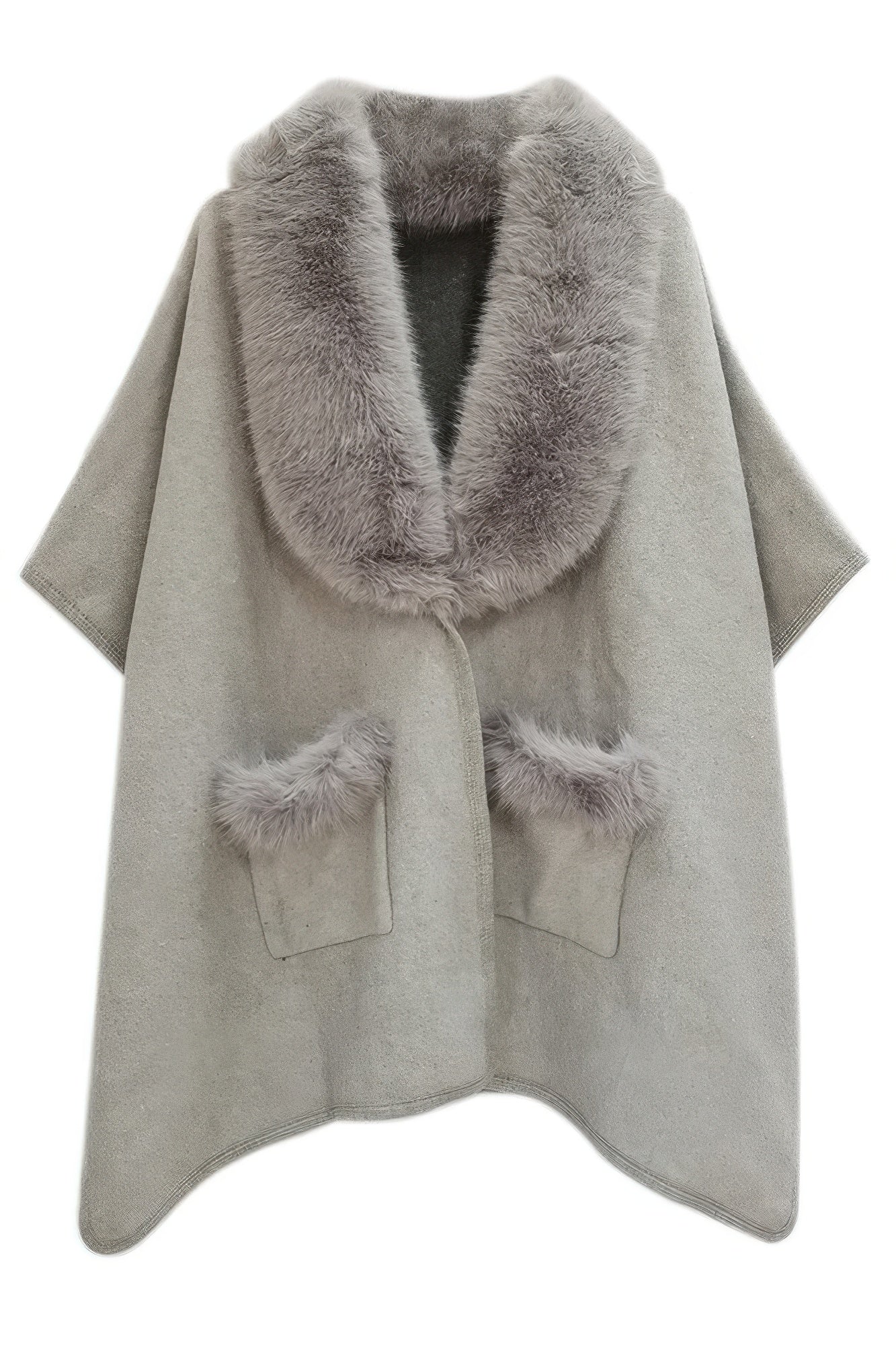 Faux Fur Trimmed Kimono - Gray