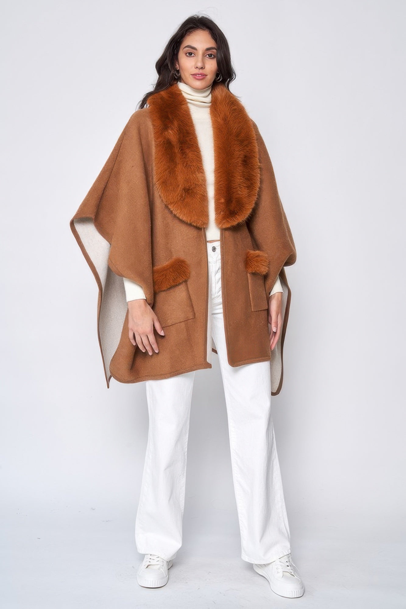 Faux Fur Trimmed Kimono - Camel