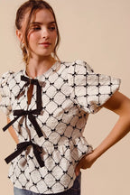 Contrast Bow Textured Peplum Top -