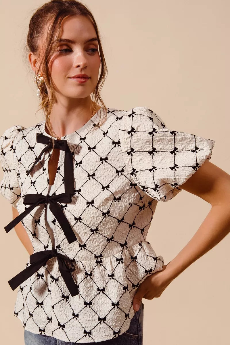 Contrast Bow Textured Peplum Top -