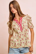 Floral Contrast Neck Puff Blouse -