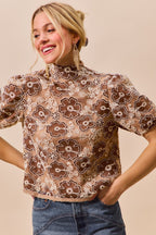 Textured Floral Mesh Puff Top -