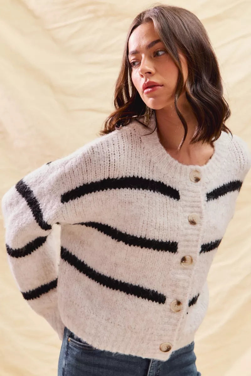 Soft Stripe Button Front Cardigan -