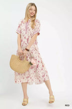 Floral Ruffle Trim Midi Dress - RED