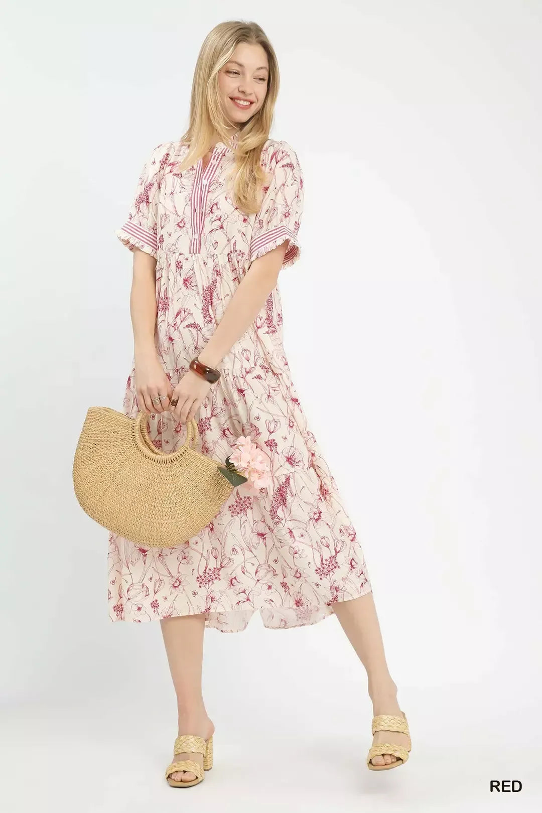 Floral Ruffle Trim Midi Dress - RED