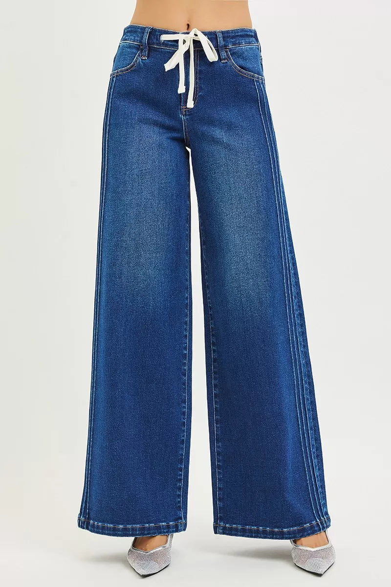 Front Lace Up Wide Leg Jeans Full Size -