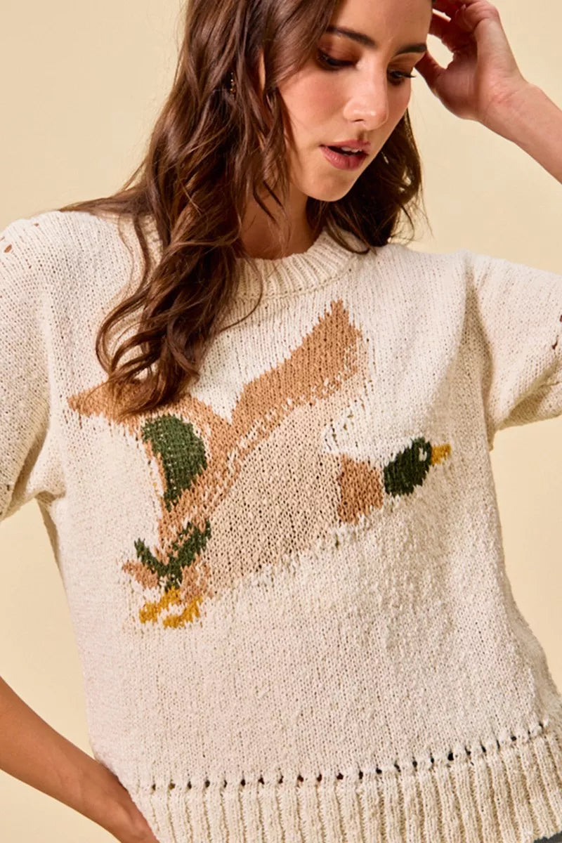 Duck Pattern Short Sleeve Sweater -
