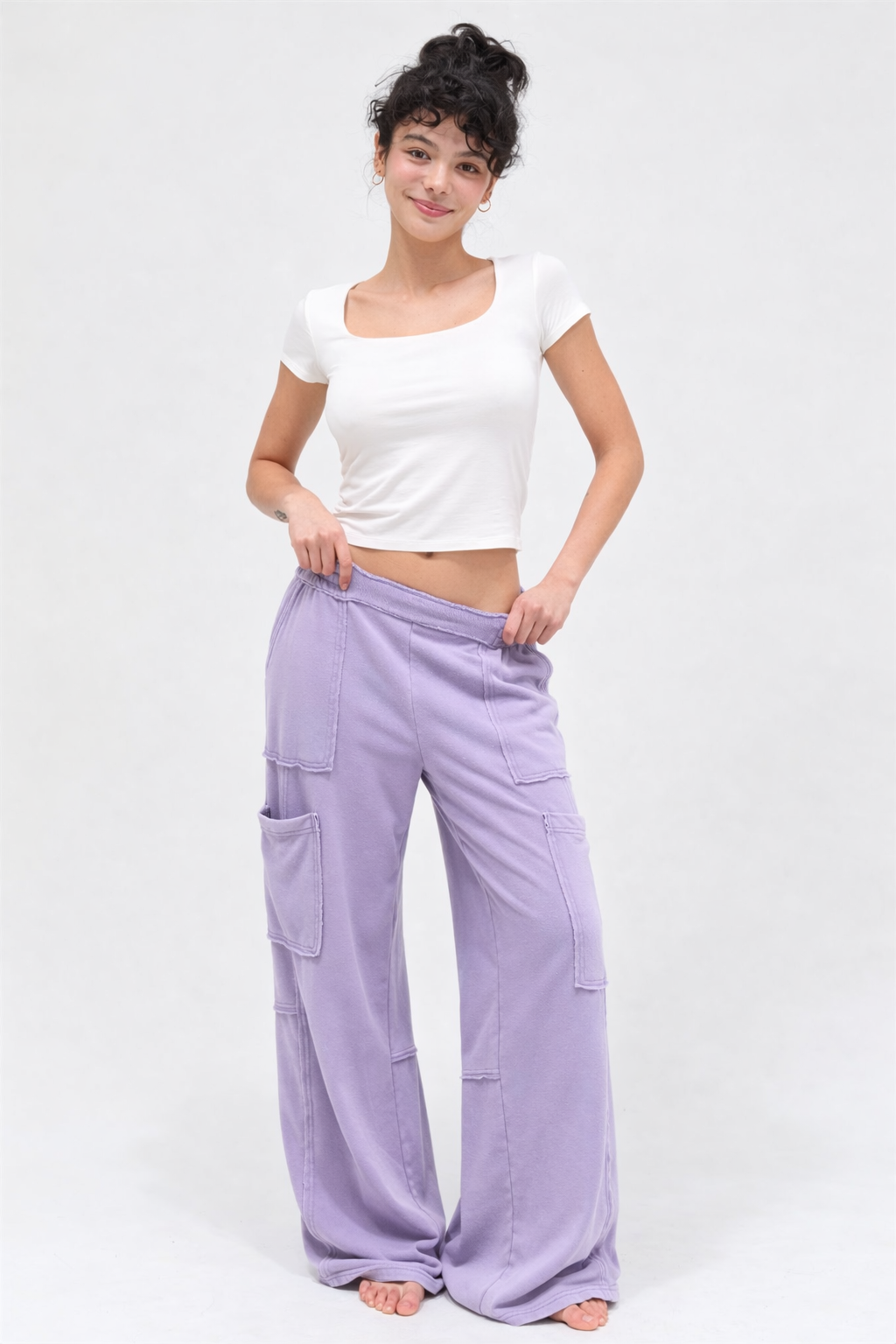 Mineral Wash Cargo Wide-Leg Pants - Dusty purple