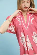 Boho Print Split Neck Blouse -