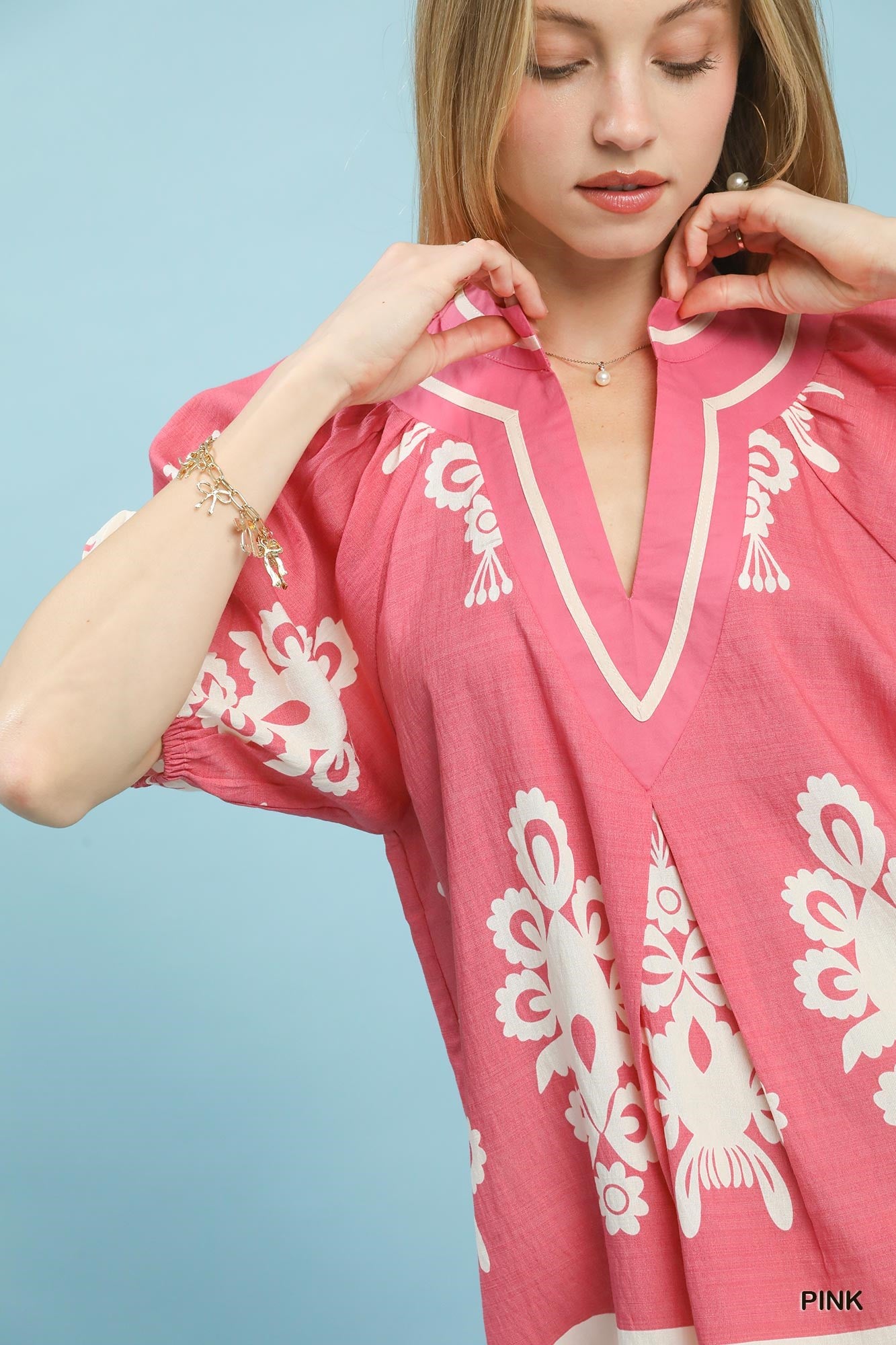 Boho Print Split Neck Blouse -