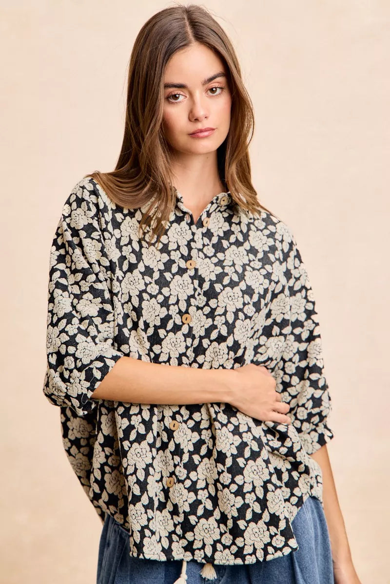 Floral Jacquard Short Dolman Sleeve Shirt -
