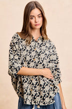 Floral Jacquard Short Dolman Sleeve Shirt -