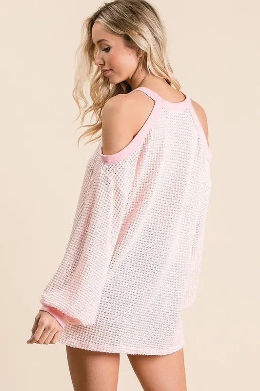 Cold Shoulder Popcorn Waffle Knit Sweater -