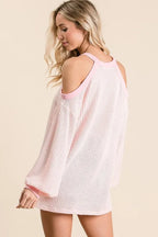 Cold Shoulder Popcorn Waffle Knit Sweater -