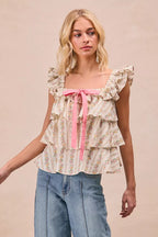 Floral Woven Bow Square Neck Top -