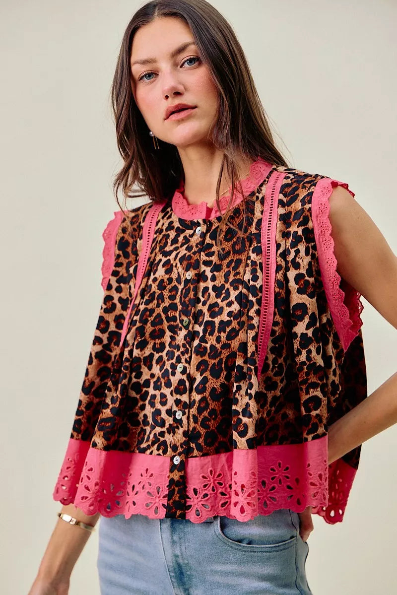 Leopard Pleated Sleeveless Blouse -