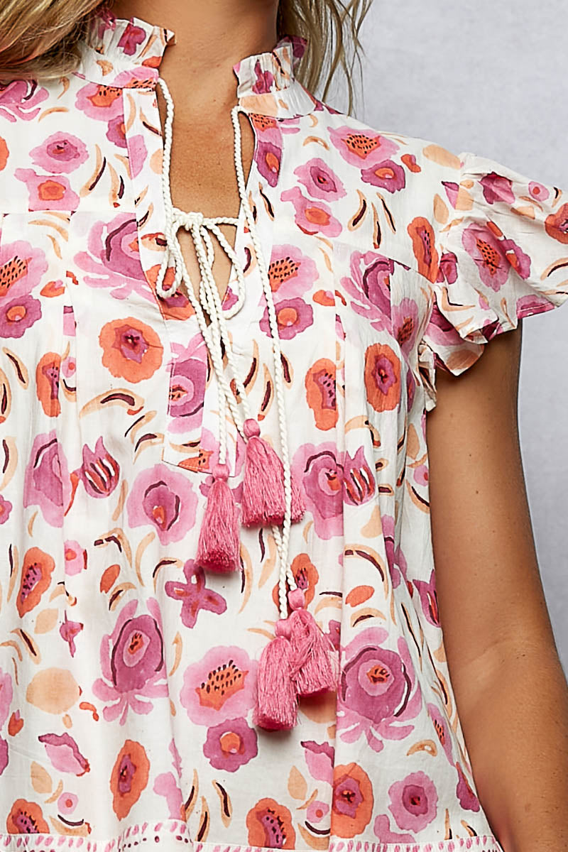Tassel Tie Floral Flutter Blouse -