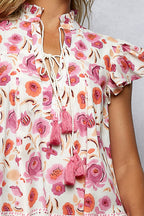 Tassel Tie Floral Flutter Blouse -