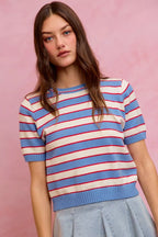 Striped Short Sleeve Knit Sweater -