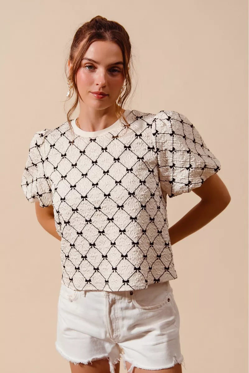 Textured Bubble Sleeve Woven Top -