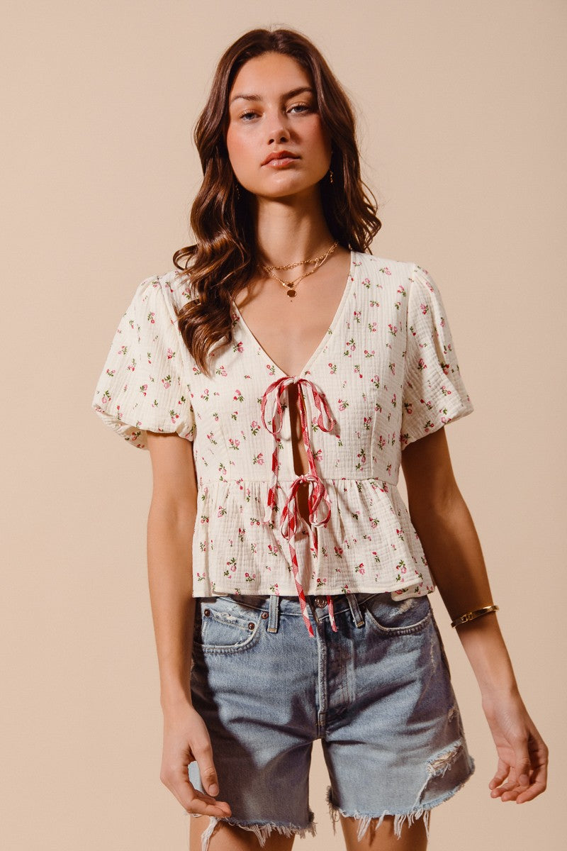 Ditsy Tie-Front Gauze Blouse -