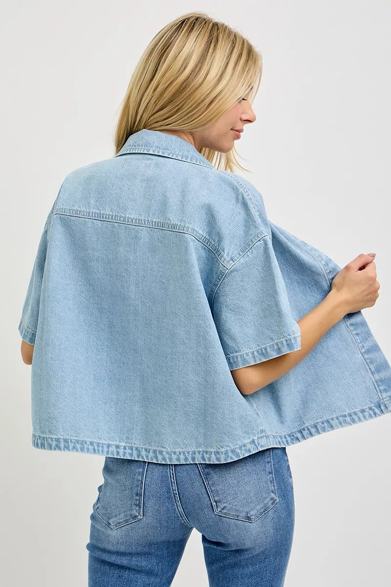 Oversized Cropped Denim Shirt -