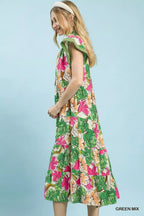 Bold Floral Tiered Midi Dress -