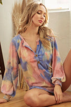 Tie Dye Button Placket Knit Top -