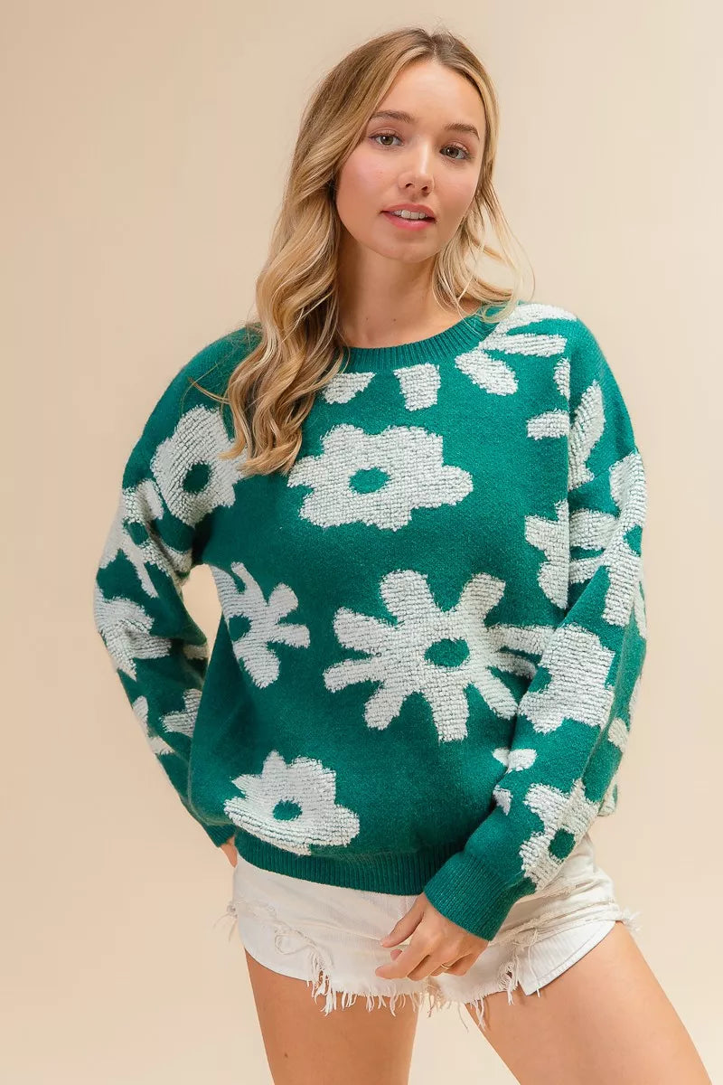 Flower Pattern Long Sleeve Sweater -