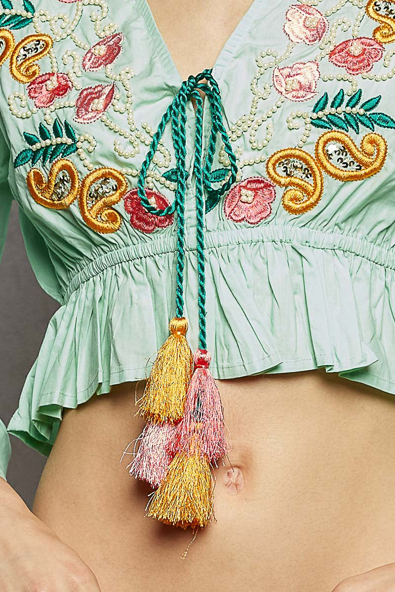 Mint Floral Embroidered Cropped Tie Blouse -
