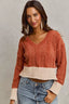 Chenille Cable Knit V Neck Sweater - RUST