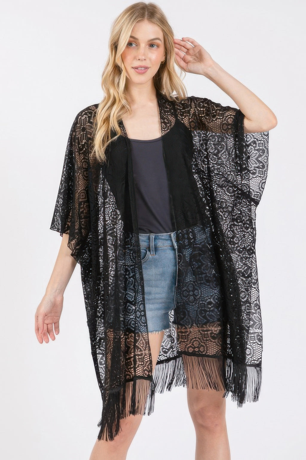 Floral Crochet Lace Tassel Cover Up - Black