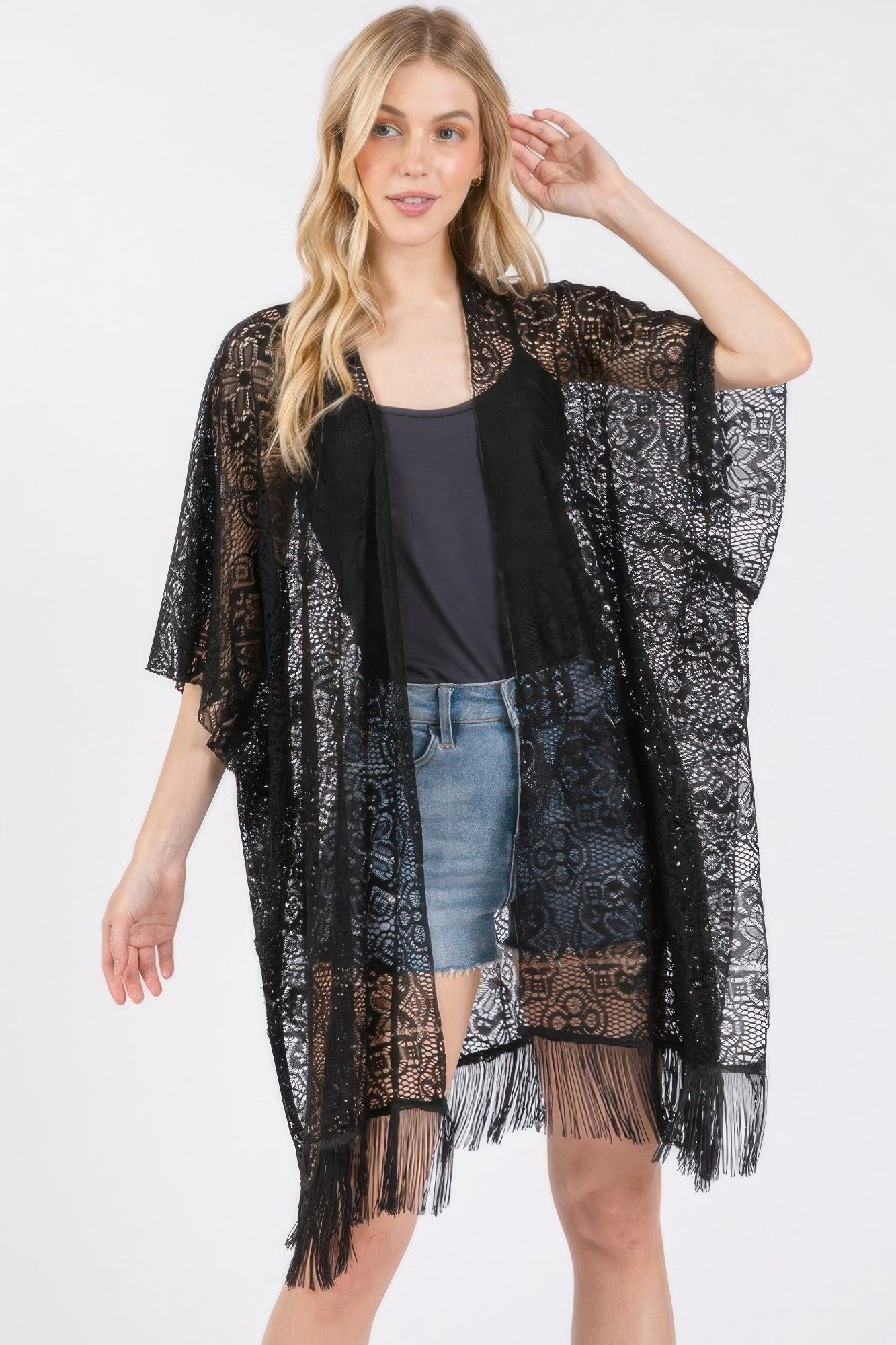 Floral Crochet Lace Tassel Cover Up - Black