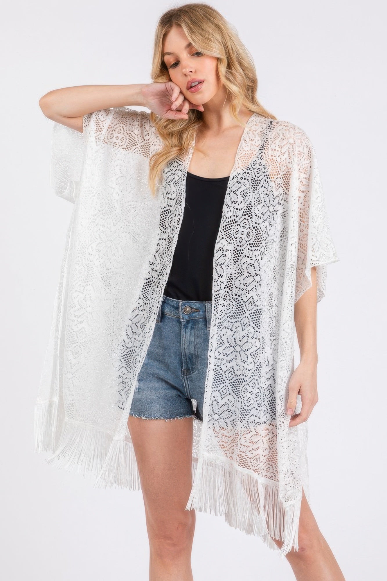 Floral Crochet Lace Tassel Cover Up - White Main image