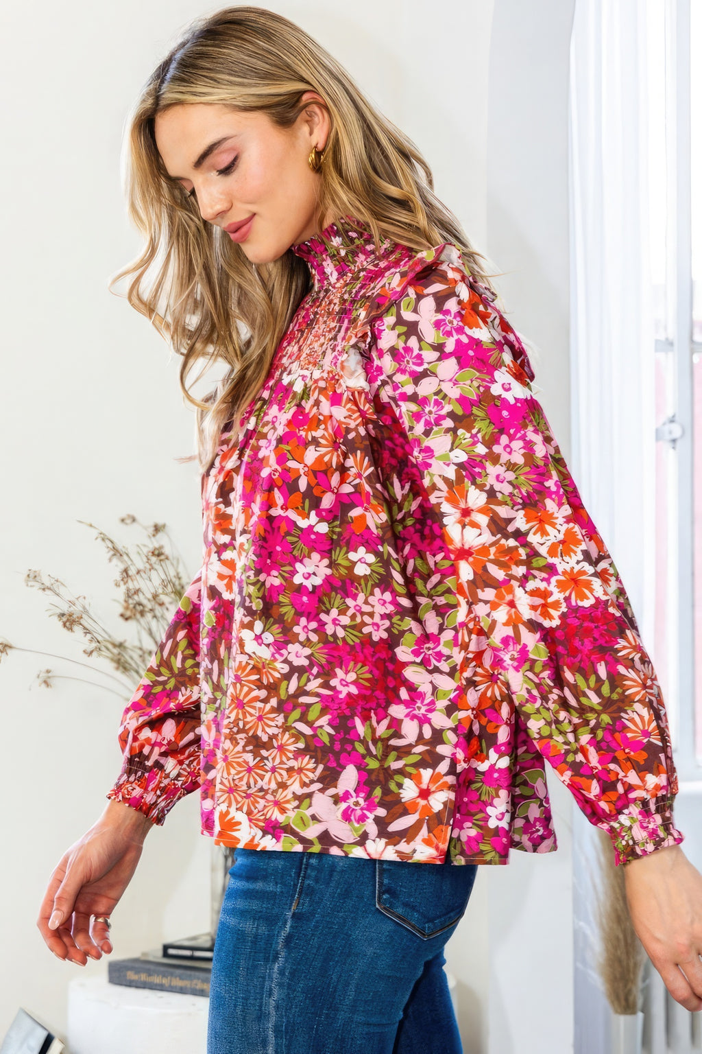 Floral Smocked Neck Blouse -
