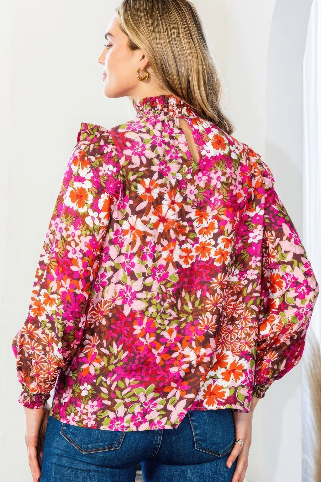 Floral Smocked Neck Blouse -