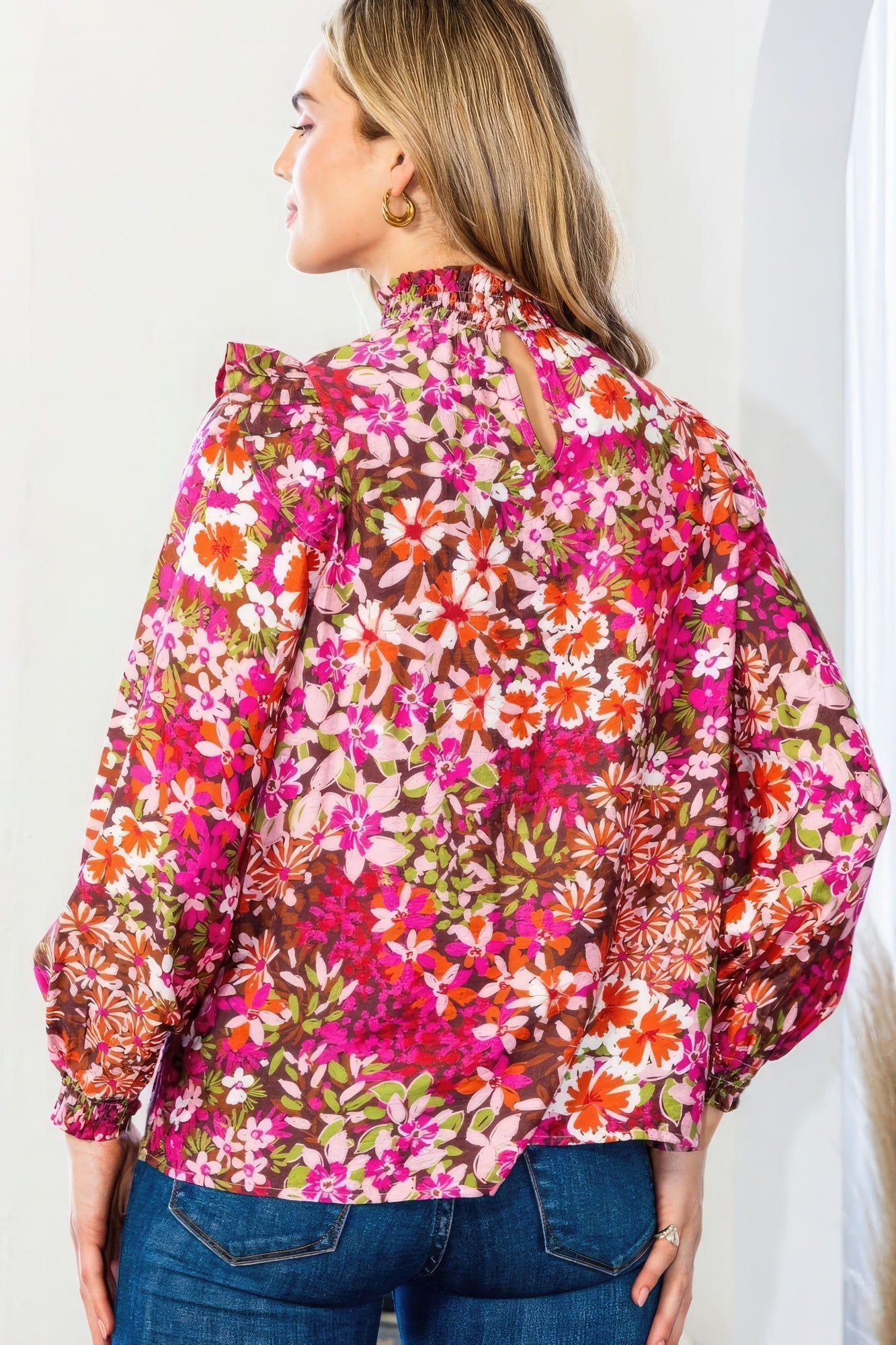 Floral Smocked Neck Blouse -