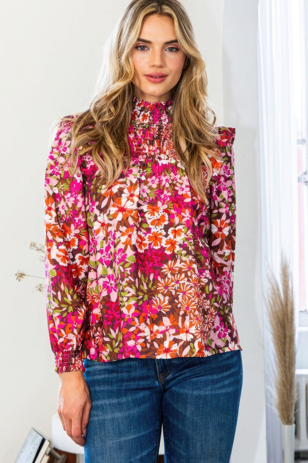 Floral Smocked Neck Blouse -