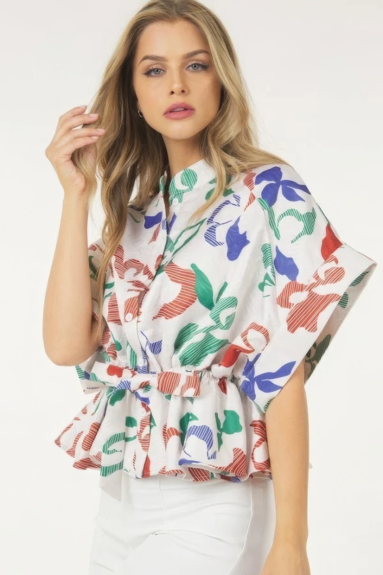 Floral Tie Waist Short Sleeve Top -