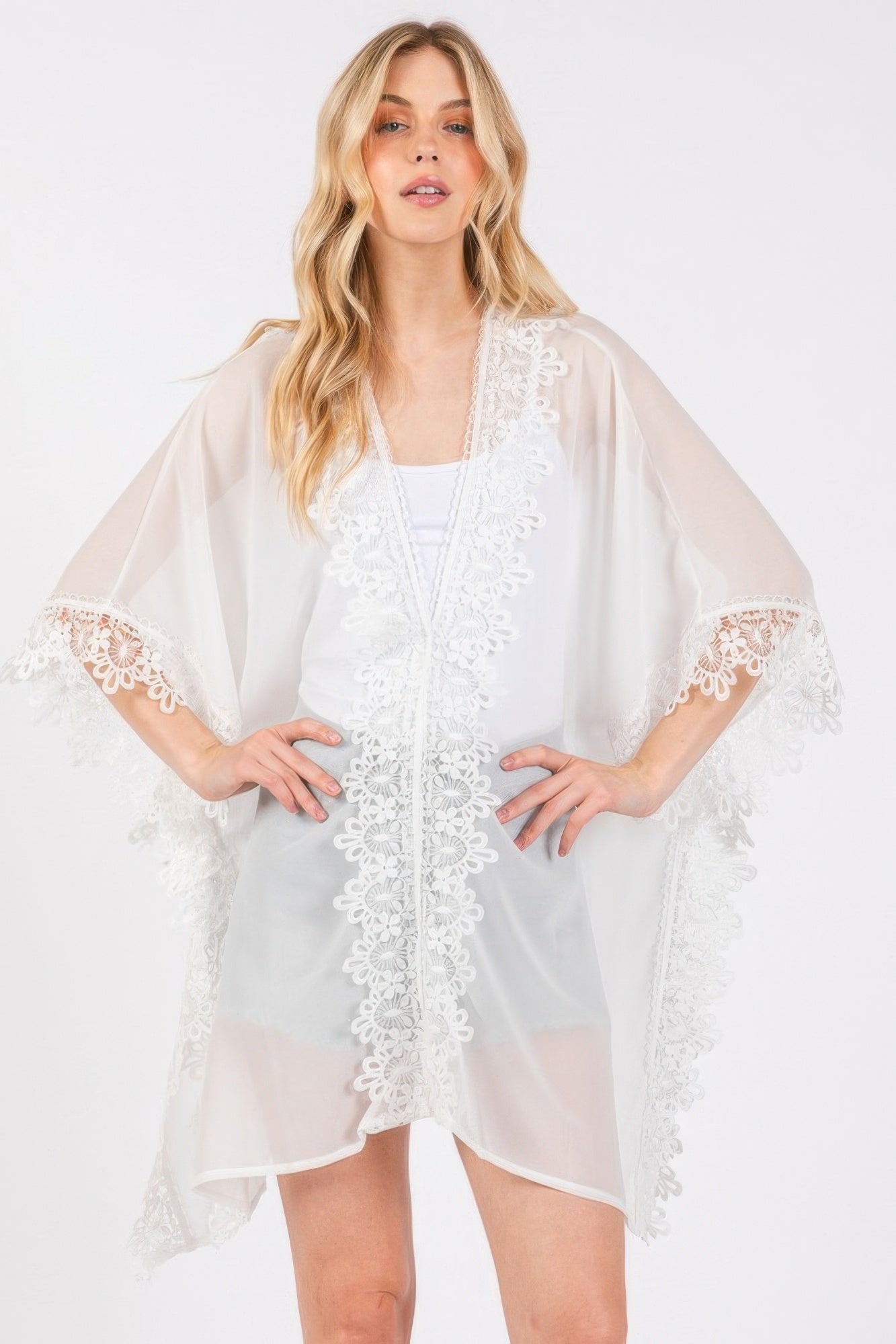 Floral Trim Detail Sheer Poncho - White